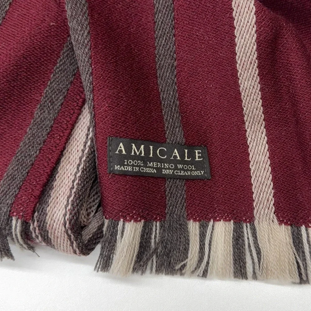 Amicale‎ 100% Merino Wool Scarf Burgundy Pink Gray Stripe Fringe Classic